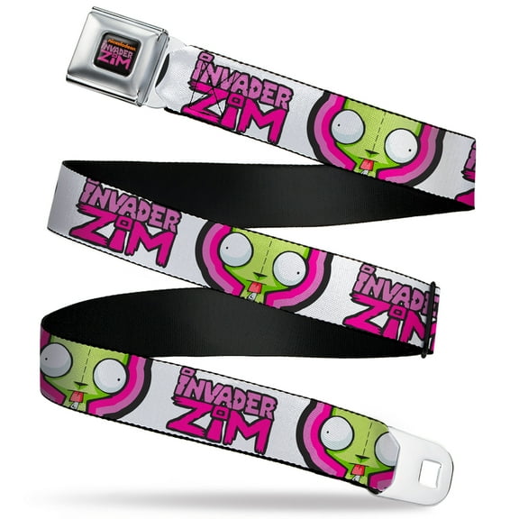 Nickelodeon Belt, Seatbelt Buckle Belt, Invader Zim Title Logo and GIR Pose Close Up White Pinks, 30 to 44 Inches
