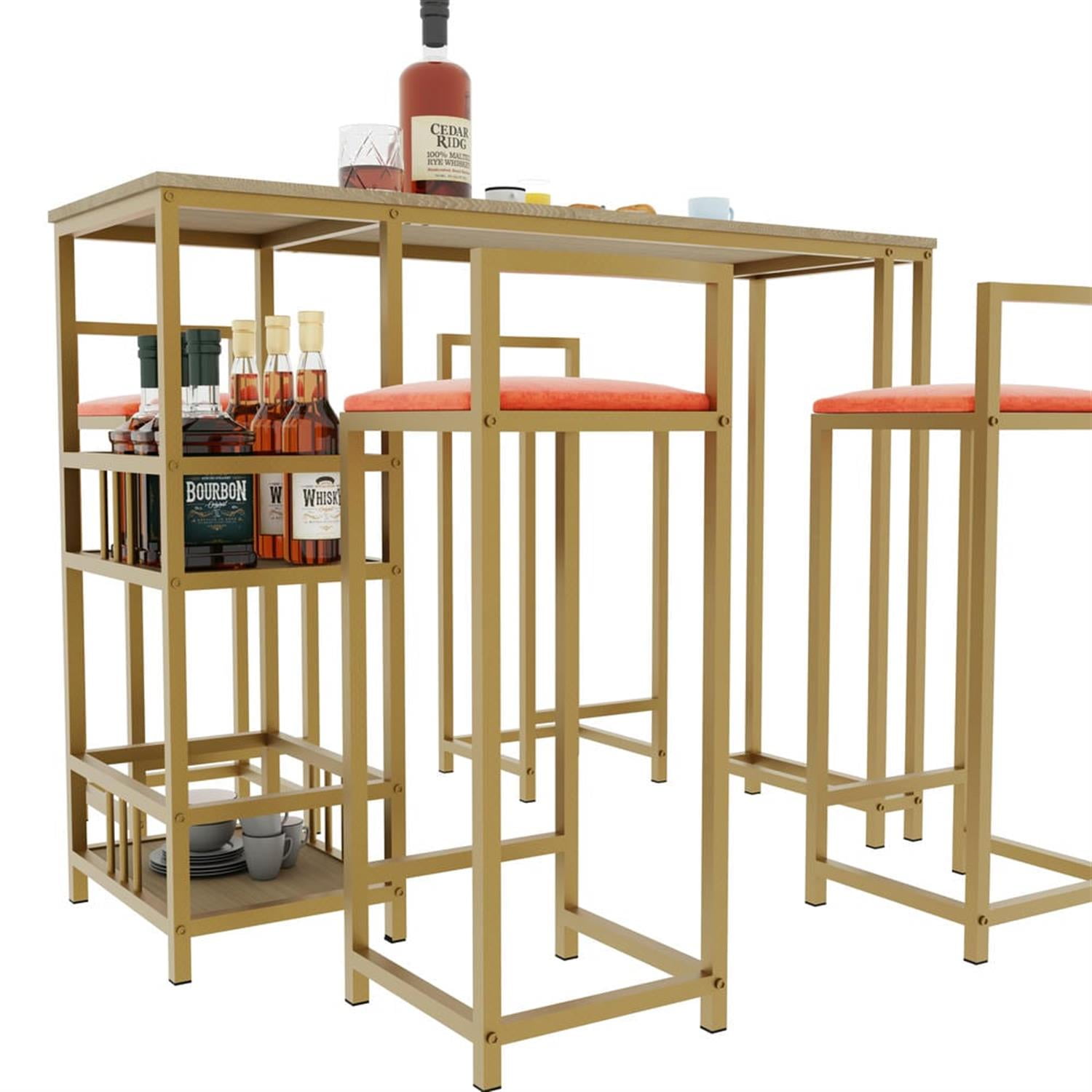 Demi Bonn 5-Piece Dining Table Set with 4 Upholstered Bar Stools and Storage, Kitchen Bar Table Furniture Sets for Dining Room, Apartment, Orange