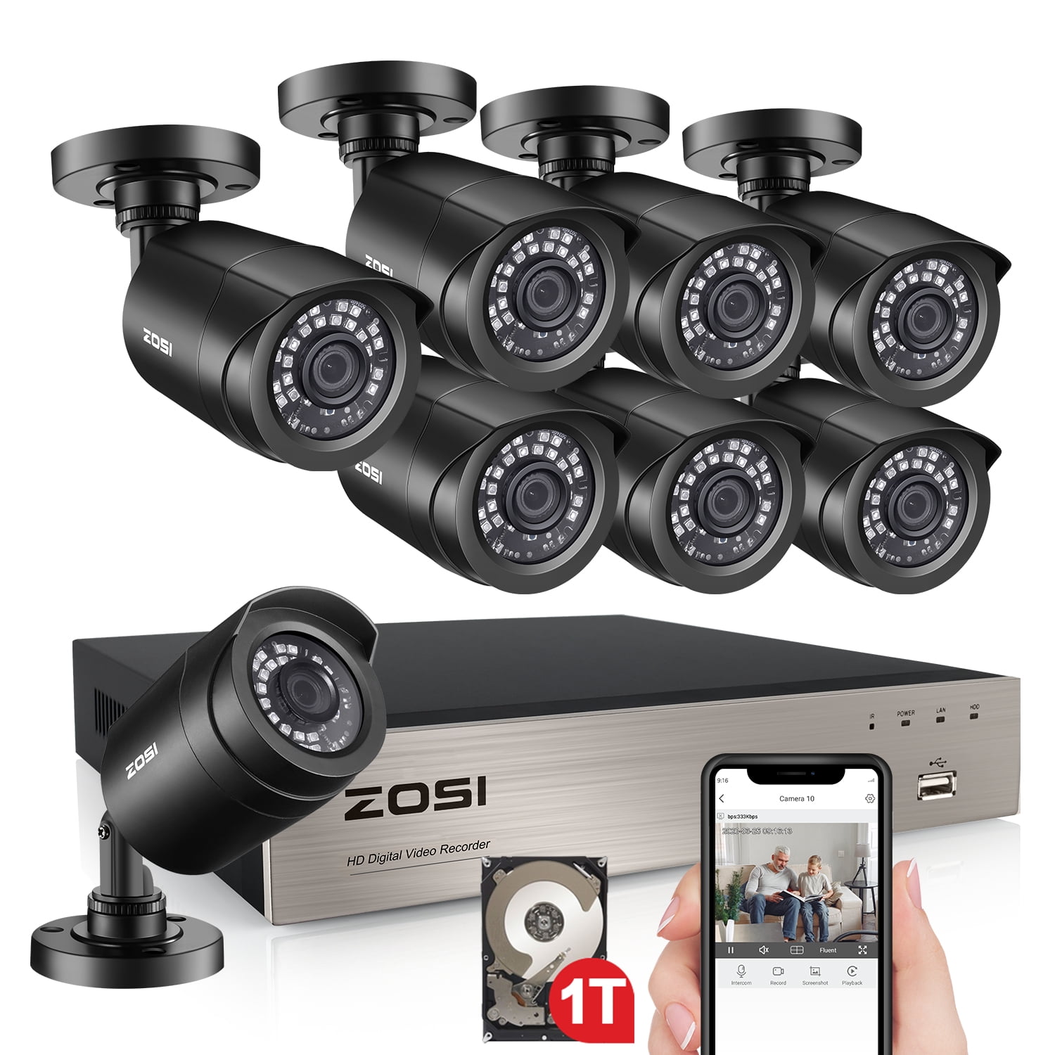 ZOSI 1080P HD Home Security Camera System, 8 Channels H.265 1TB DVR