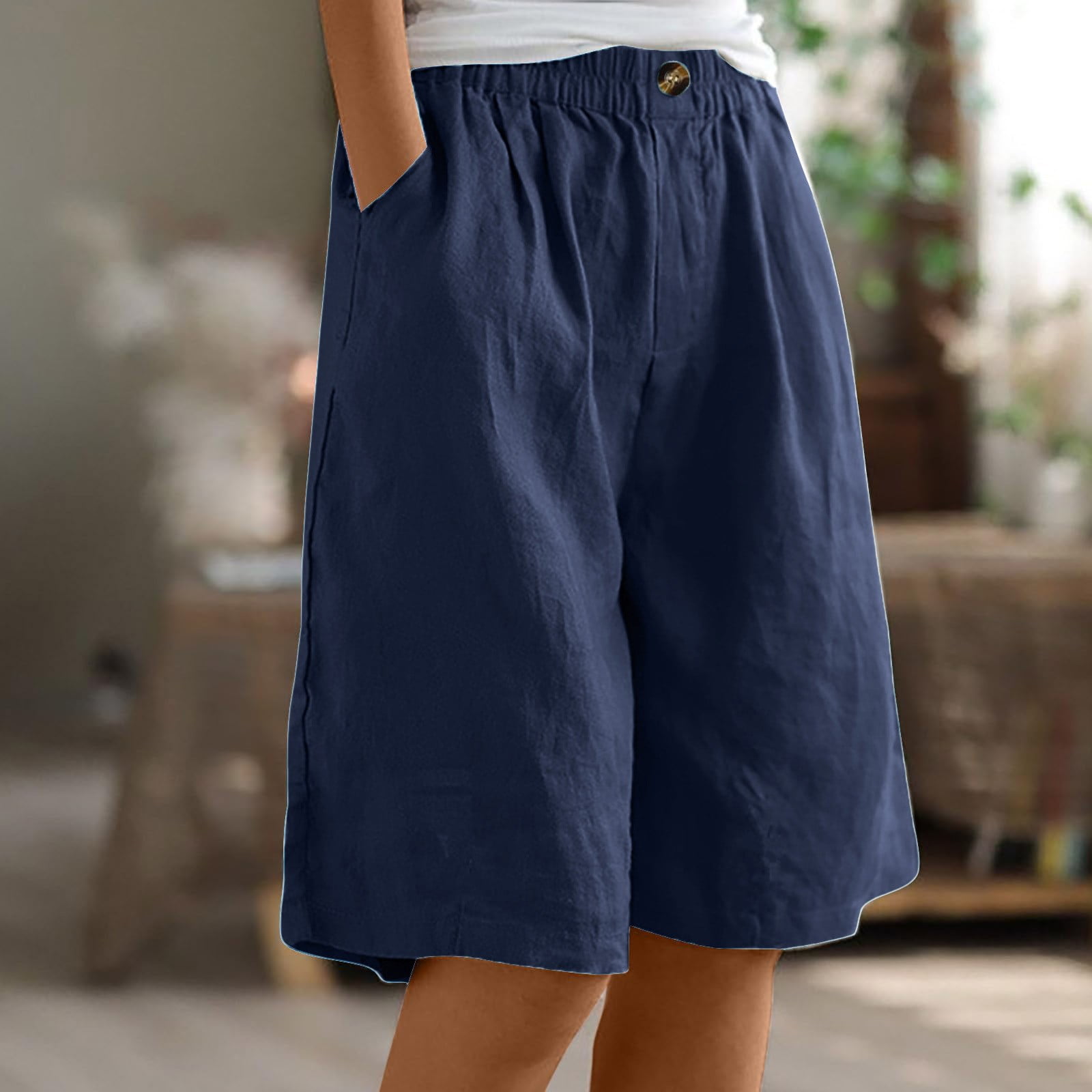 Short Femme Élastique Couleur Unie Boutonné Demi-Pantalon avec