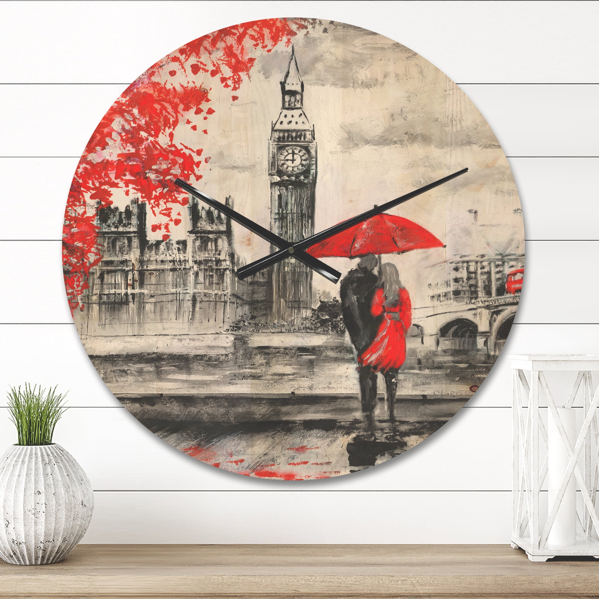 Designart 'Couples Holding Umbrella Walking in Paris II' Modern Wood Wall Clock