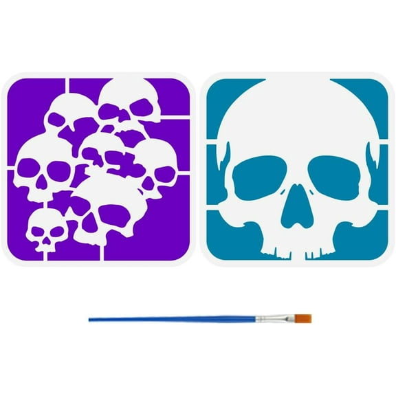 1 Set 2 Pcs Skull Pattern Stencils with Brush 5.9x5.9inches Plastic PET Painting Stencil Skulls Horror Skull Painting Template Multiple Skull Painting Templates for DIY Crafts Handwork