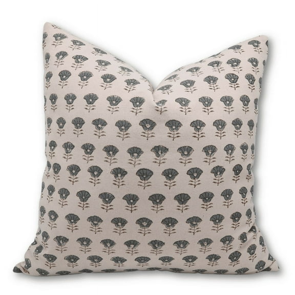 Fabdivine Block Print Throw Pillow Cover, 24x24 Inch Duck Canvas Decorative Cushion Cover, Floral Print Boho Design Gray Pillow Cover for Sofa and Couch