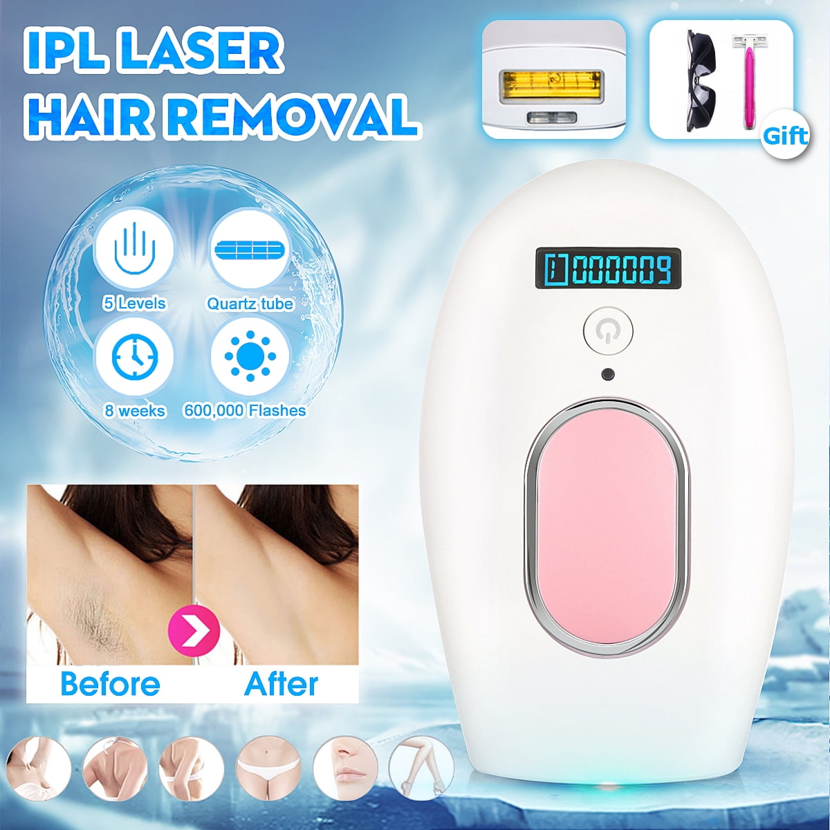 60,0000 Flashes IPL Laser Hair Removal 5 Gear Permanent Photon