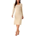 thumbnail image 1 of Vestido de suéter midi de punto acanalado de ajuste ceñido de manga larga con escote cuadrado para mujer L color albaricoque, 1 of 5