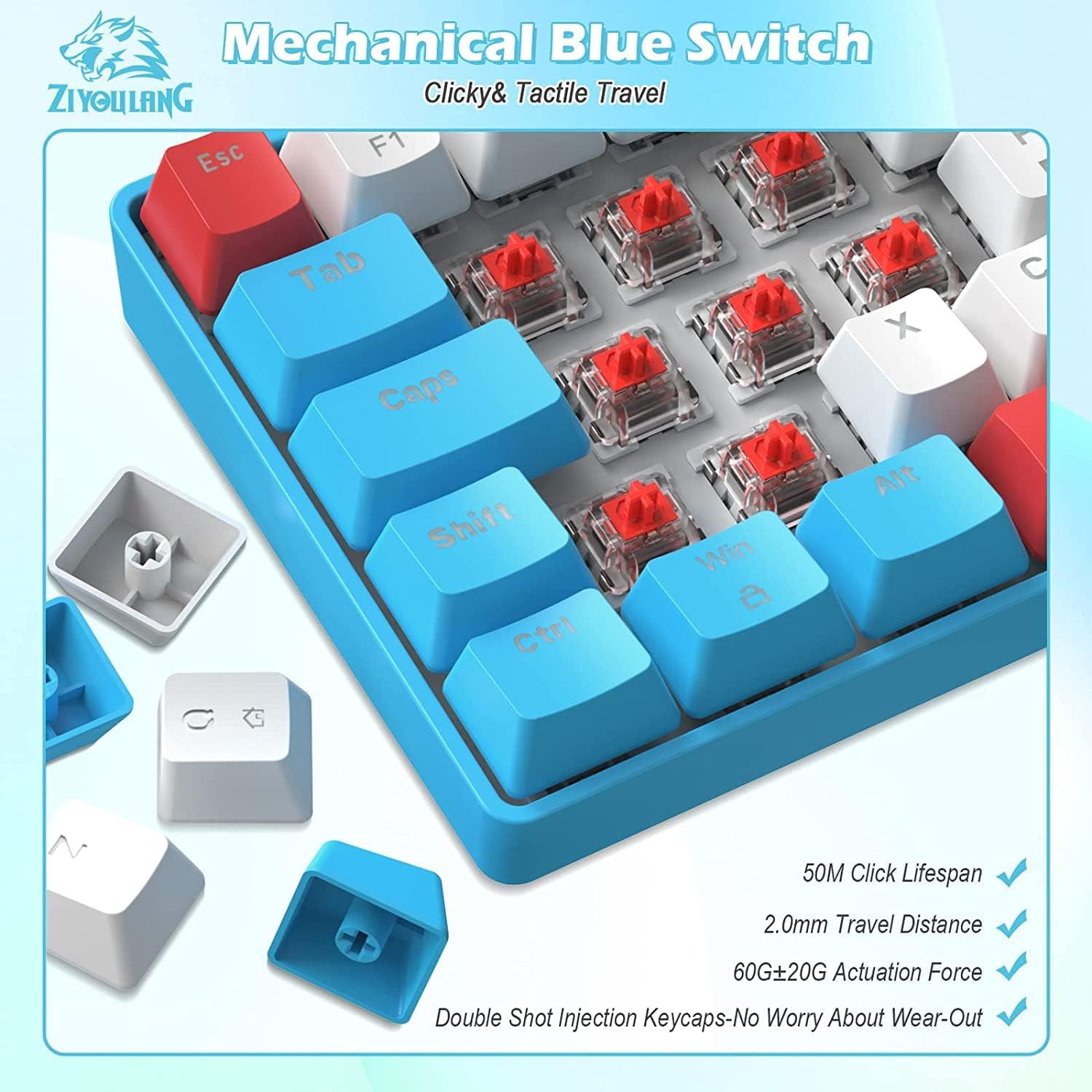 LexonElec T60PRO Backlit Wired 60% Mechanical Gaming Keyboard, White