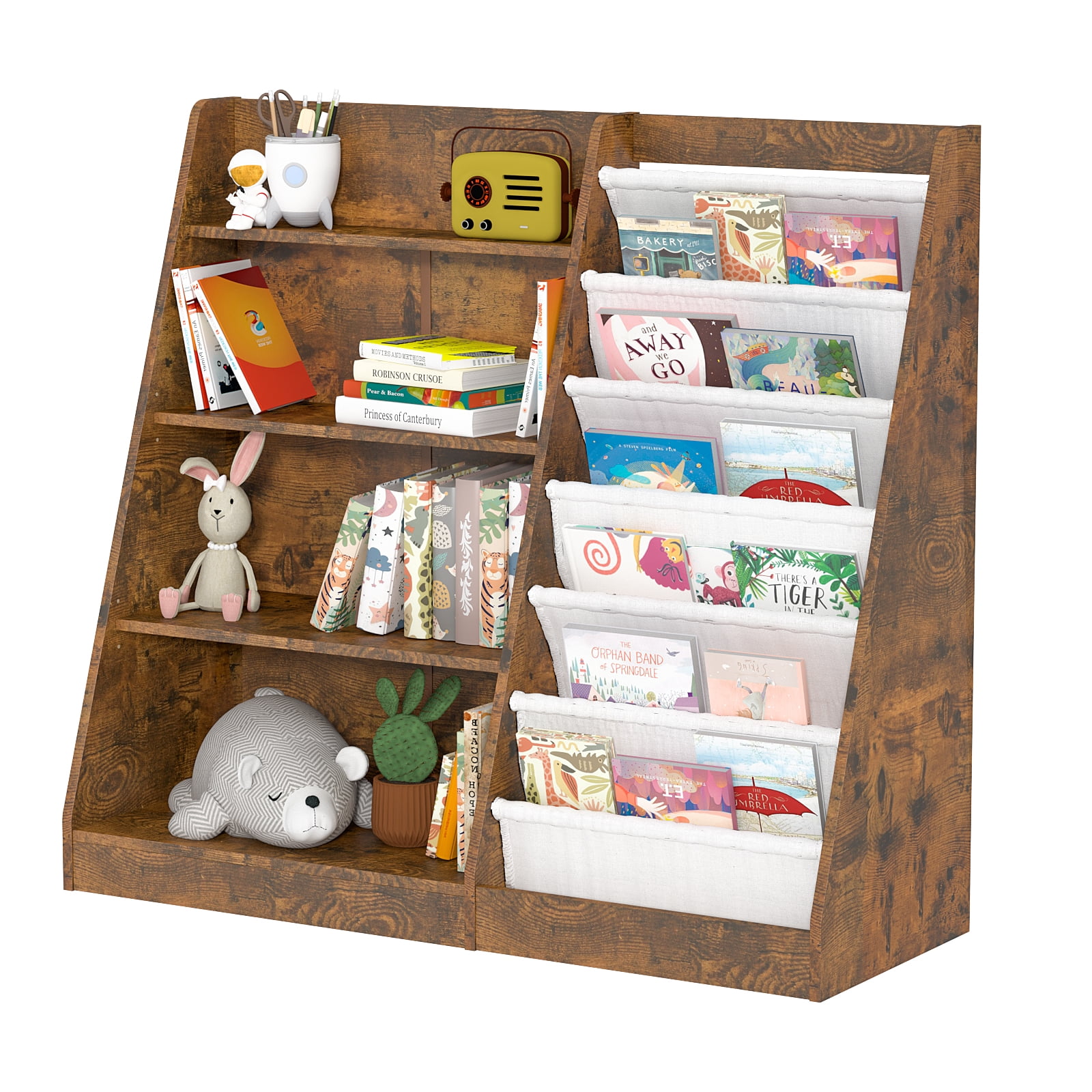 Hironpal Large 6 Layer Sling Kids Bookshelf, 4 Tier Wooden Children Toy Organizer Cabinet for Playroom Nursery Classroom Library