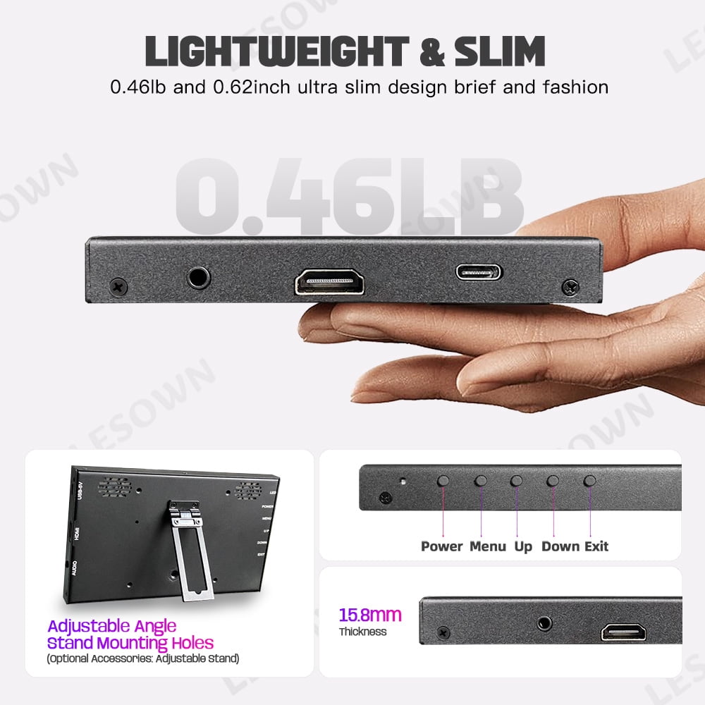 LESOWN Small Wide Monitor 7 inch Touch Screen 1024x600 IPS HDMI USB Portable Display with Speakers for Raspberry Pi Computer