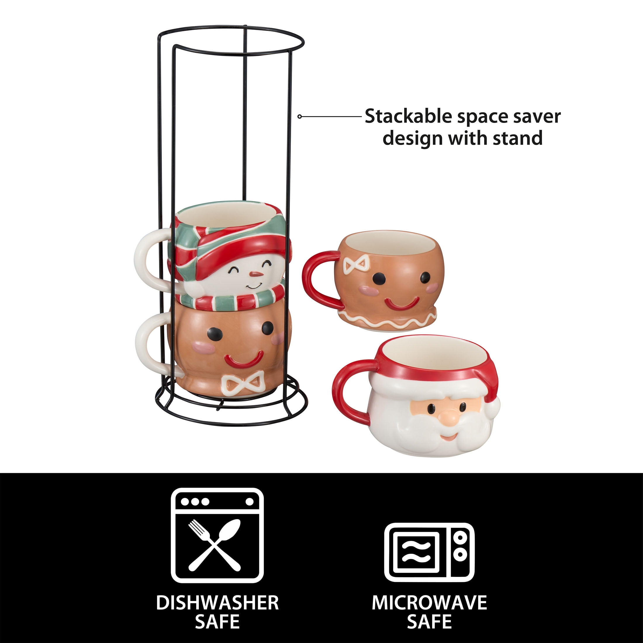 (2 pack) Holiday Time 12oz Holiday Characters Glazed Stoneware Ceramic Stacking Mug Set with Metal Rack