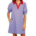 thumbnail image 2 of Plus Size Dresses, Women's Summer Lapel Collared V Neck Striped Dress Casual Short Sleeve Dresses(Blue,XXL), 2 of 8