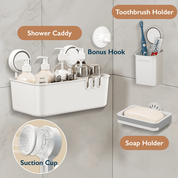 ComfiTime Juego de Organizador de Baño con Ventosa y Jabonera Doble sin Taladros, sin Adhesivos, Duradero, Estante de Plástico Extraíble para Bañera, Soporta hasta 22 Libras