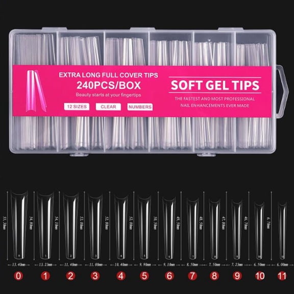240PCS Extra Long Clear Soft Gel Nail Tips, Full Cover XXL Fake Nails, 12 Sizes Pre-numbered Nail Extensions for Women