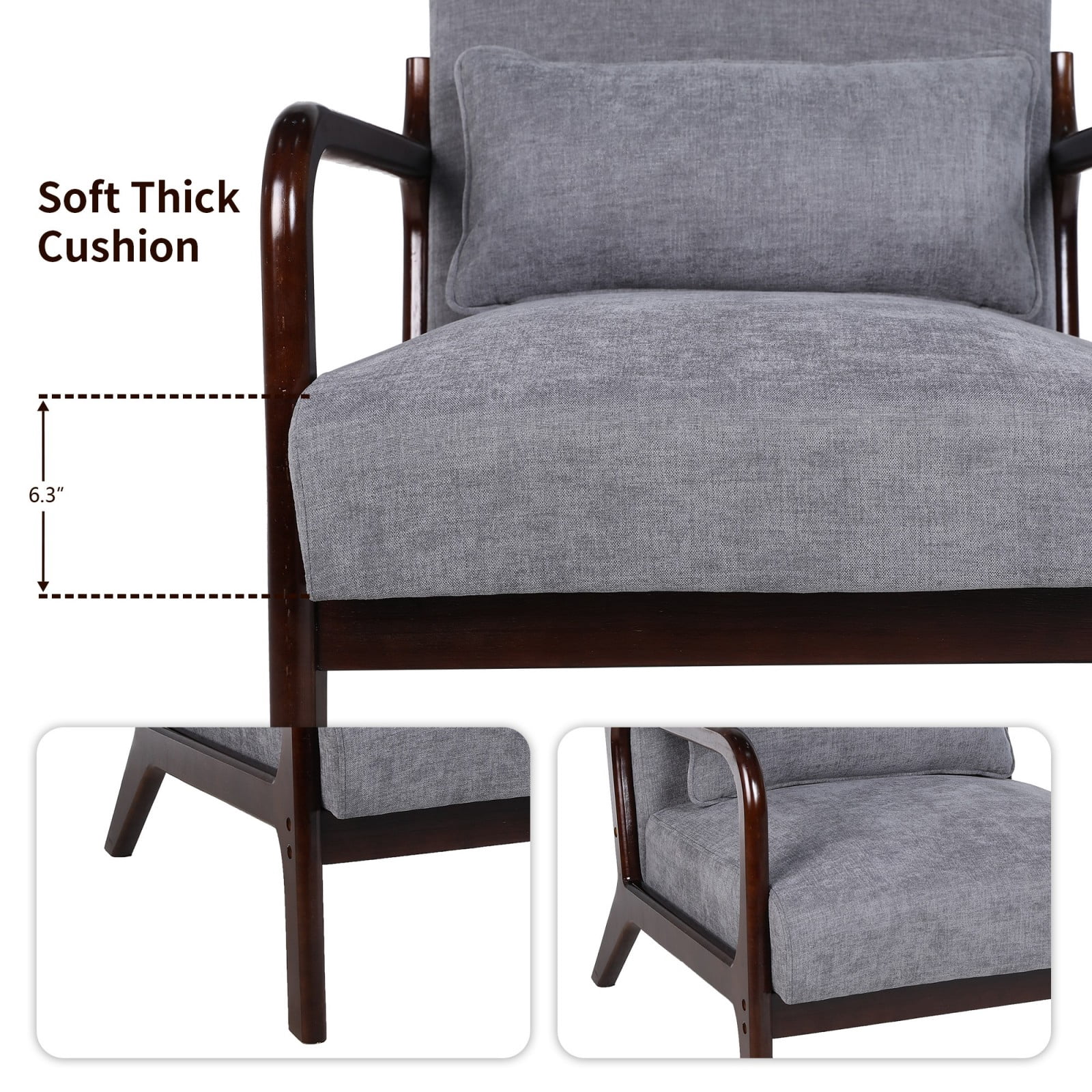 Mid Century Modern Armchair Accent Chair with Solid Rubberwood Frame & Detachable Lumbar Pillow, Upholstered Living Room Bedroom Office Reading Chair, Antique Dark Grey