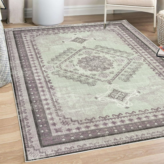 Ethnic Decorative Rug, Geometric Vintage Bohemian Design of Floral Ornaments in Dusty Tones Print, Quality Carpet for Bedroom Dorm and Living Room, 6 Sizes, Eggplant and Coconut, by Ambesonne