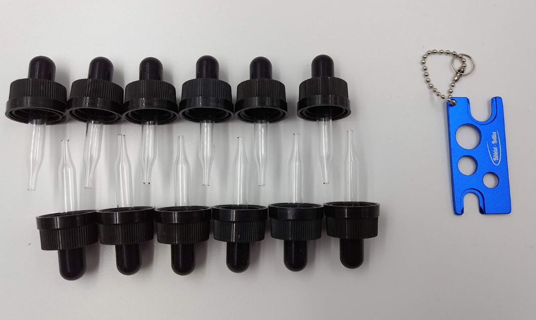 5ml Glass Eye Droppers, Child Proof Lock Caps (12), Essential Oil Key Tool (1) Compatible with