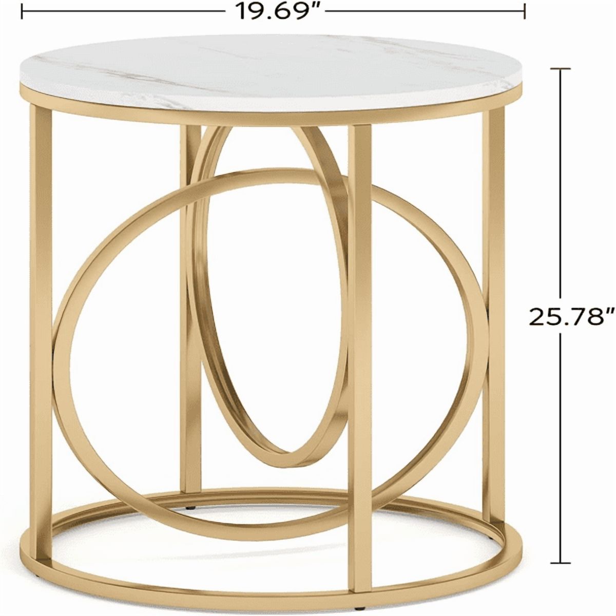 Round Gold Side Table with White Marble Top, O-Shaped Metal Frame for Living Room/Bedroom/Nightstand