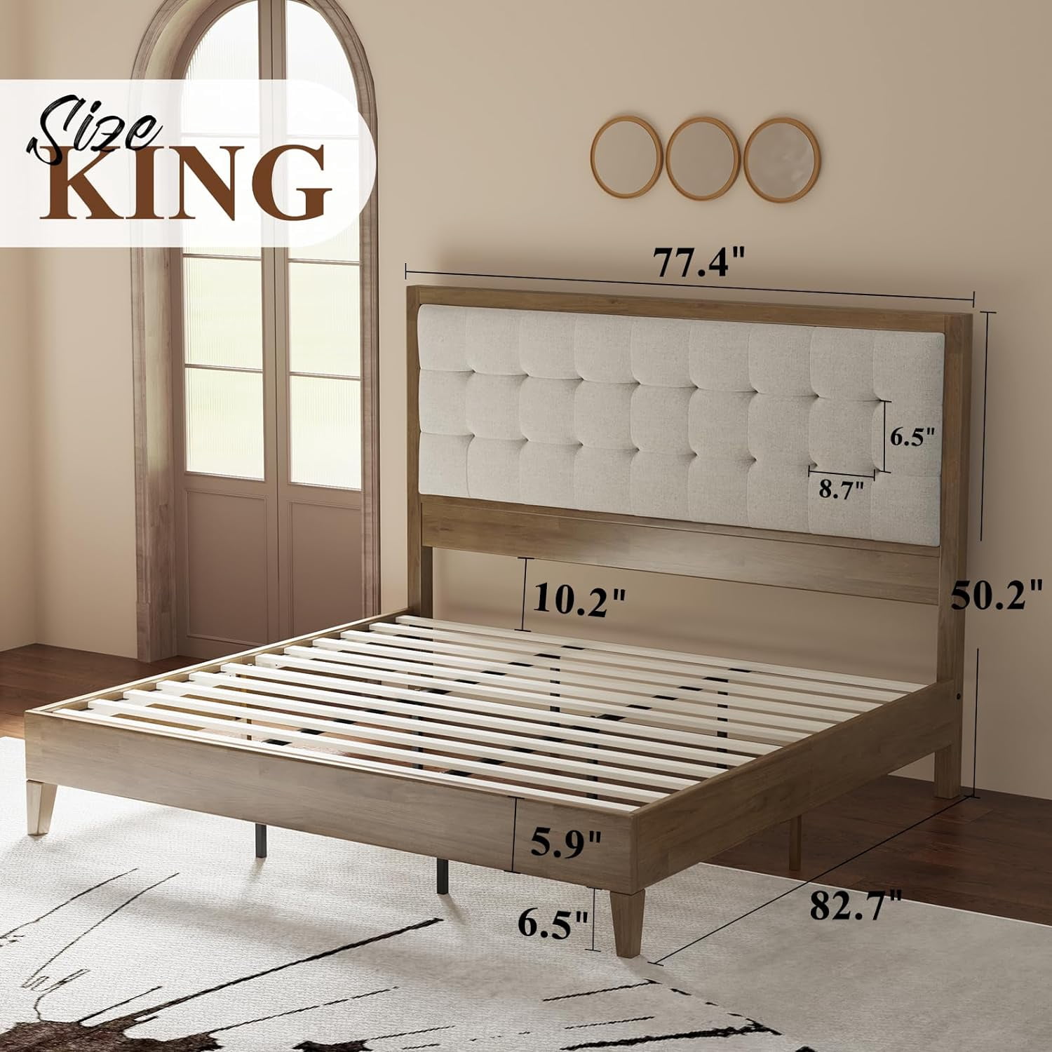 Amerlife King Bed Frame, Wood Platform Bed with Upholstered Headboard, Ash Gray