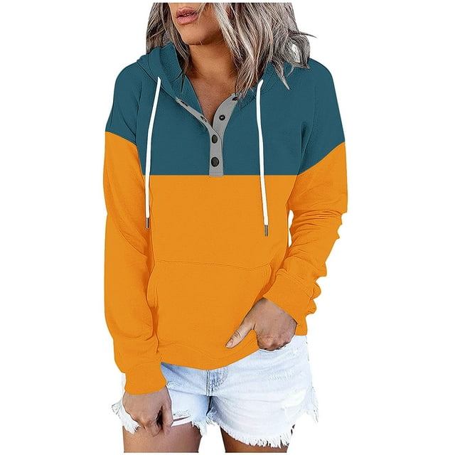 JGGSPWM Womens Contrasting Hoodies Button Collar Drawstring Hooded Pullover Sweatshirt Casual Long Sleeve Tops Shirts Orange XL