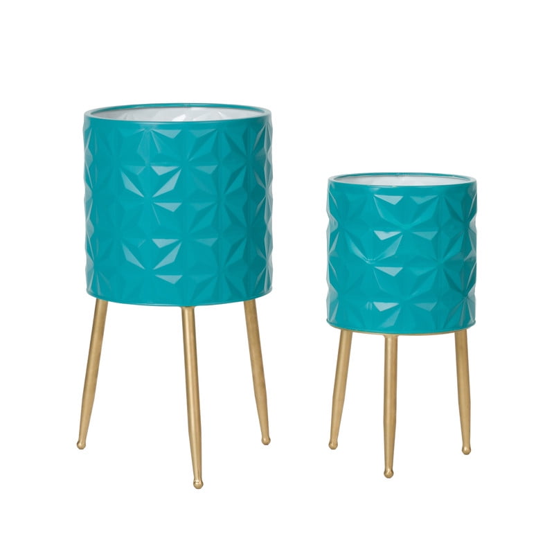 2-Piece Geometric Metal Planter Pot With 3-Leg Gold Metal Base - Turquoise - 20"H x 10.5"W / 15.75"H x 8.5"W