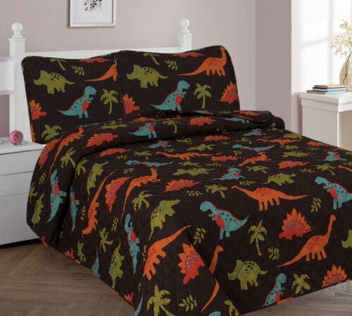 3-Piece Full Dinosaur Brown for Kids Microfiber Bedding Quilt Set, 1 Print Quilted Coverlet with 2 Matching Pillow Shams Included