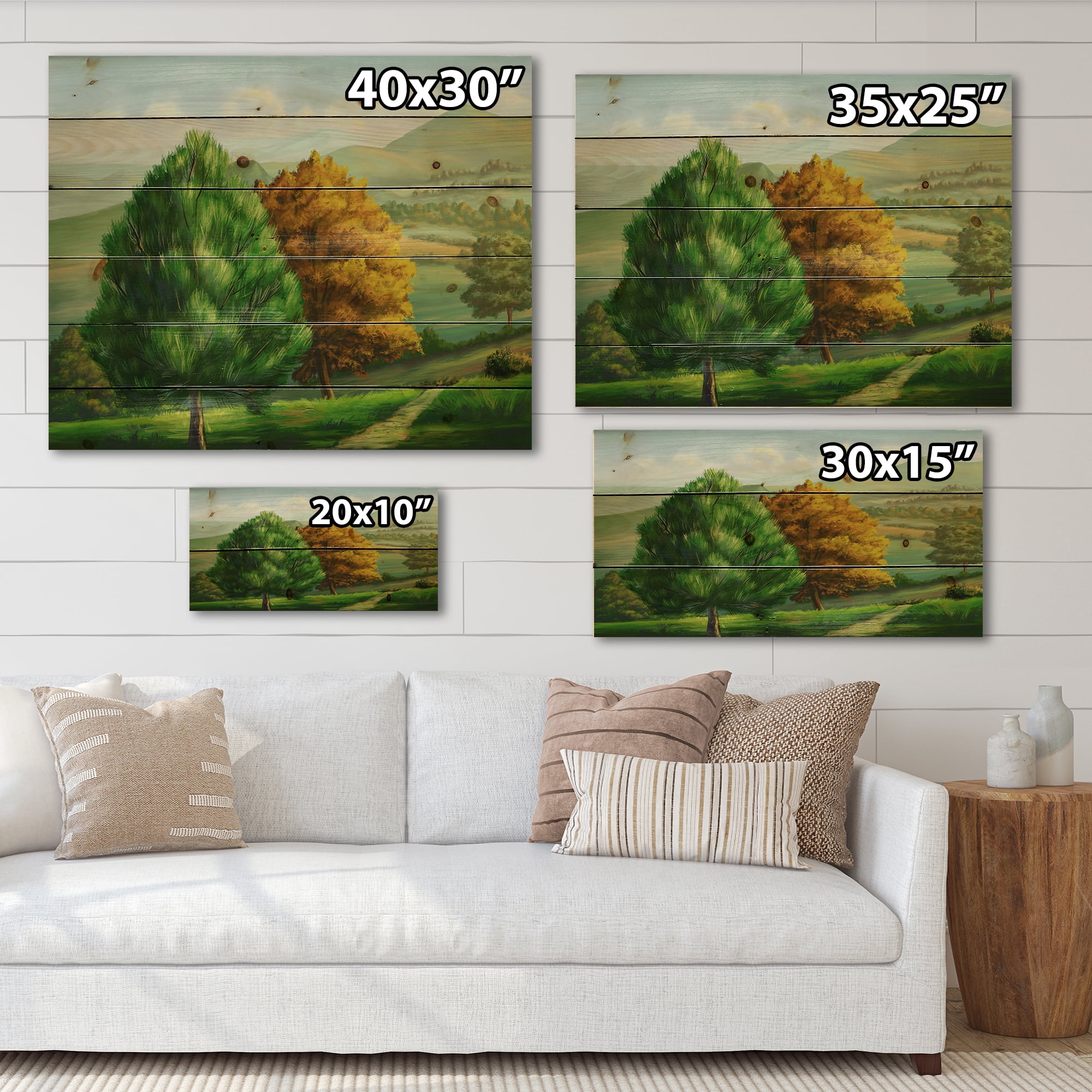 Designart 'VIbrant Trees With Country Scenery' Traditional Print on Natural Pine Wood
