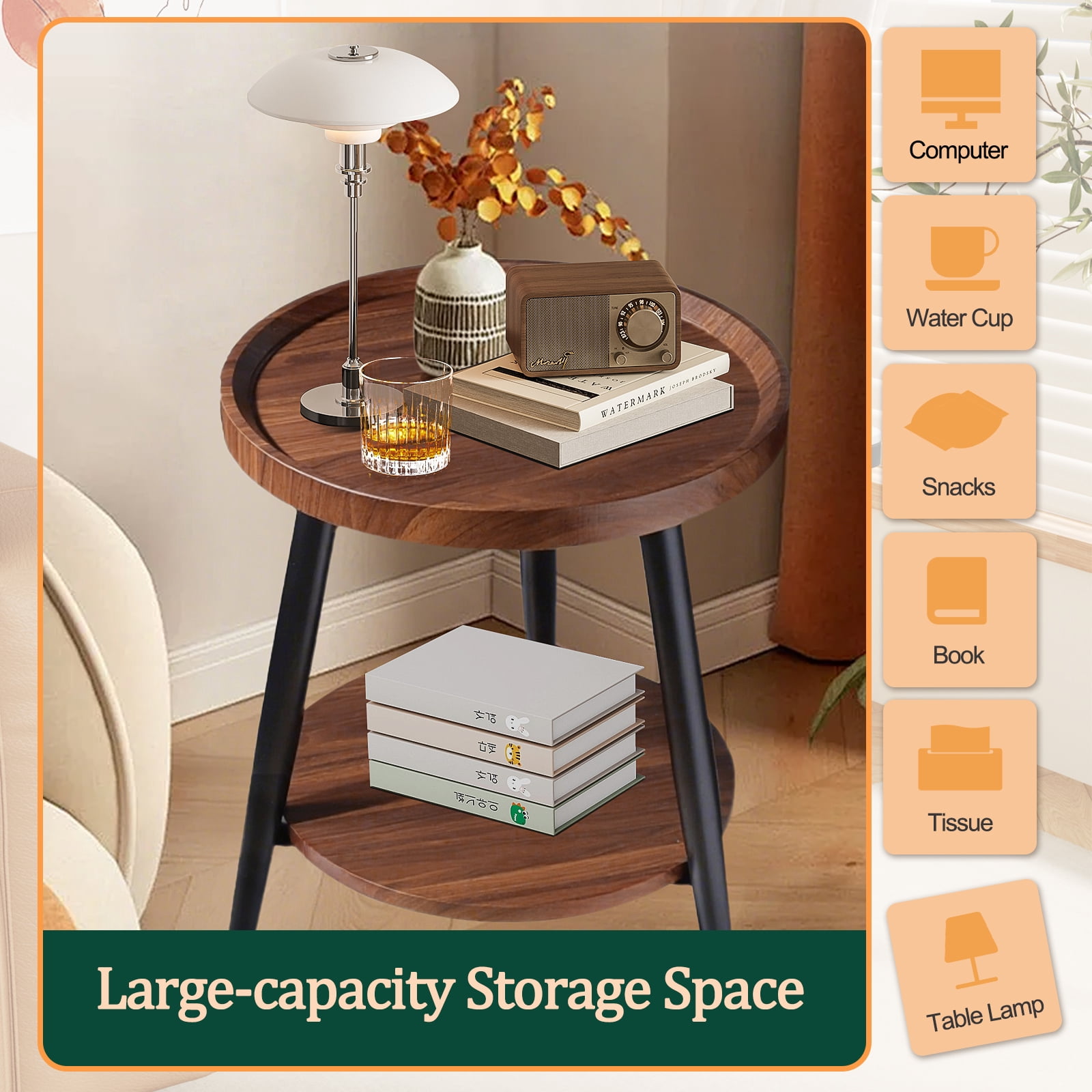 HDUTNGISN 2-Tier Round Brown Wood Side Table with Metal Frames,Small End Table for Living Room