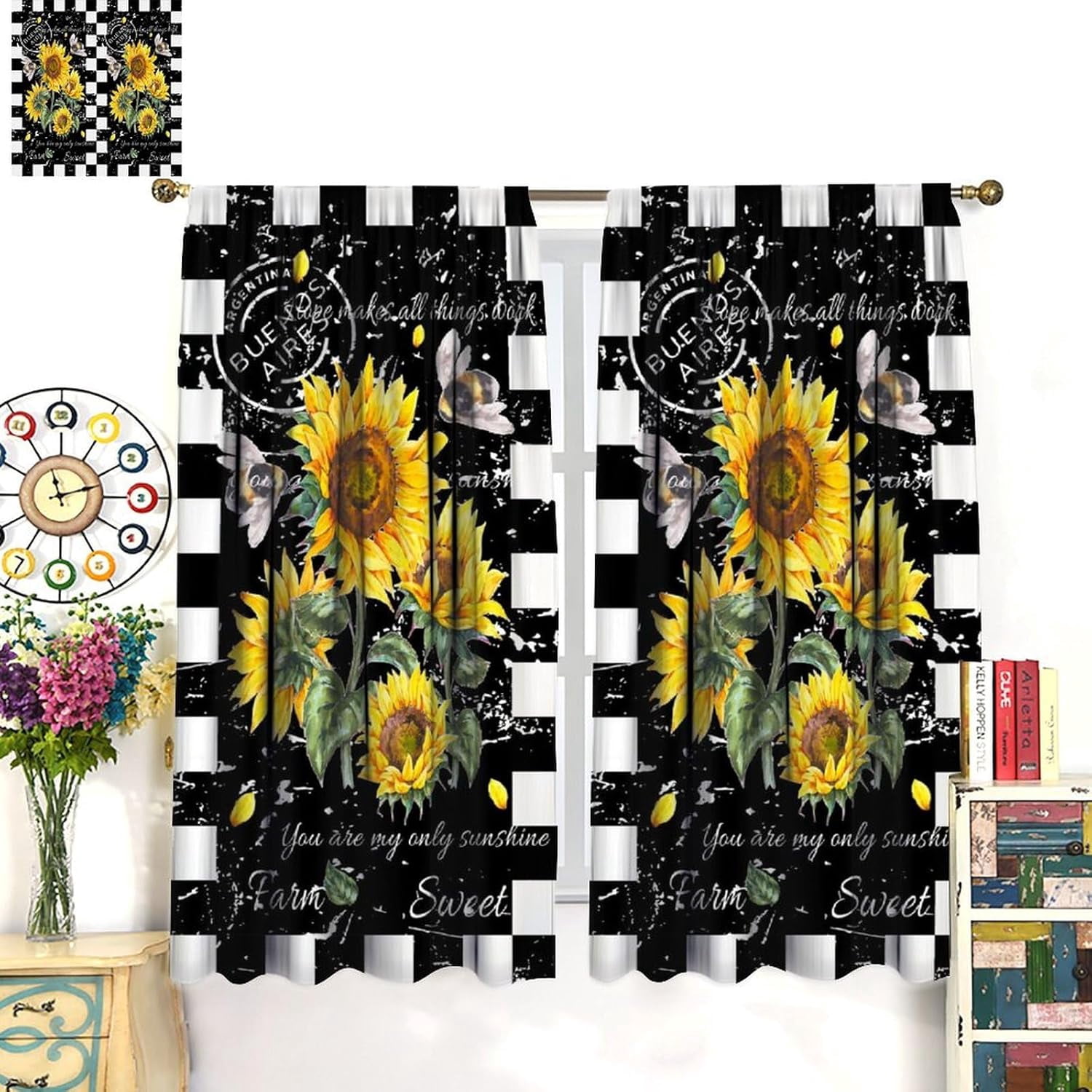Sunflower Blackout Curtains for Kitchen, Rustic Farmhouse Vintage Watercolor Black Yellow Floral Flower Bee Retro Farm Country Living Room Bedroom Window Drapes Treatments 2 Panel 42x63in