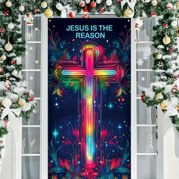 Christmas Door Cover Decoration Fabric Polyester Holiday Party Decor Front Door Hanging Tapestry for Indoor Outdoor Seasonal Celebration