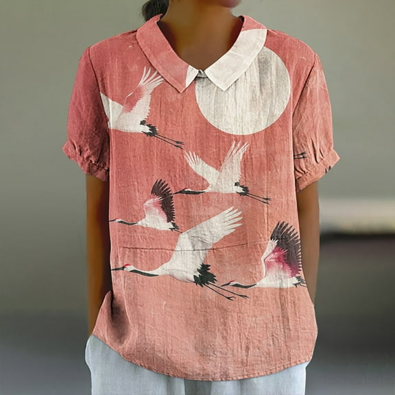 Njoeus Workout Tops for Women Blouses for Women Linen Shirts for Women, Women's Ladies Fashion Casual Cropped Short Sleeve Printing Cotton Loose Shirt Blouse Top Sexy Tops for Women On Clearance