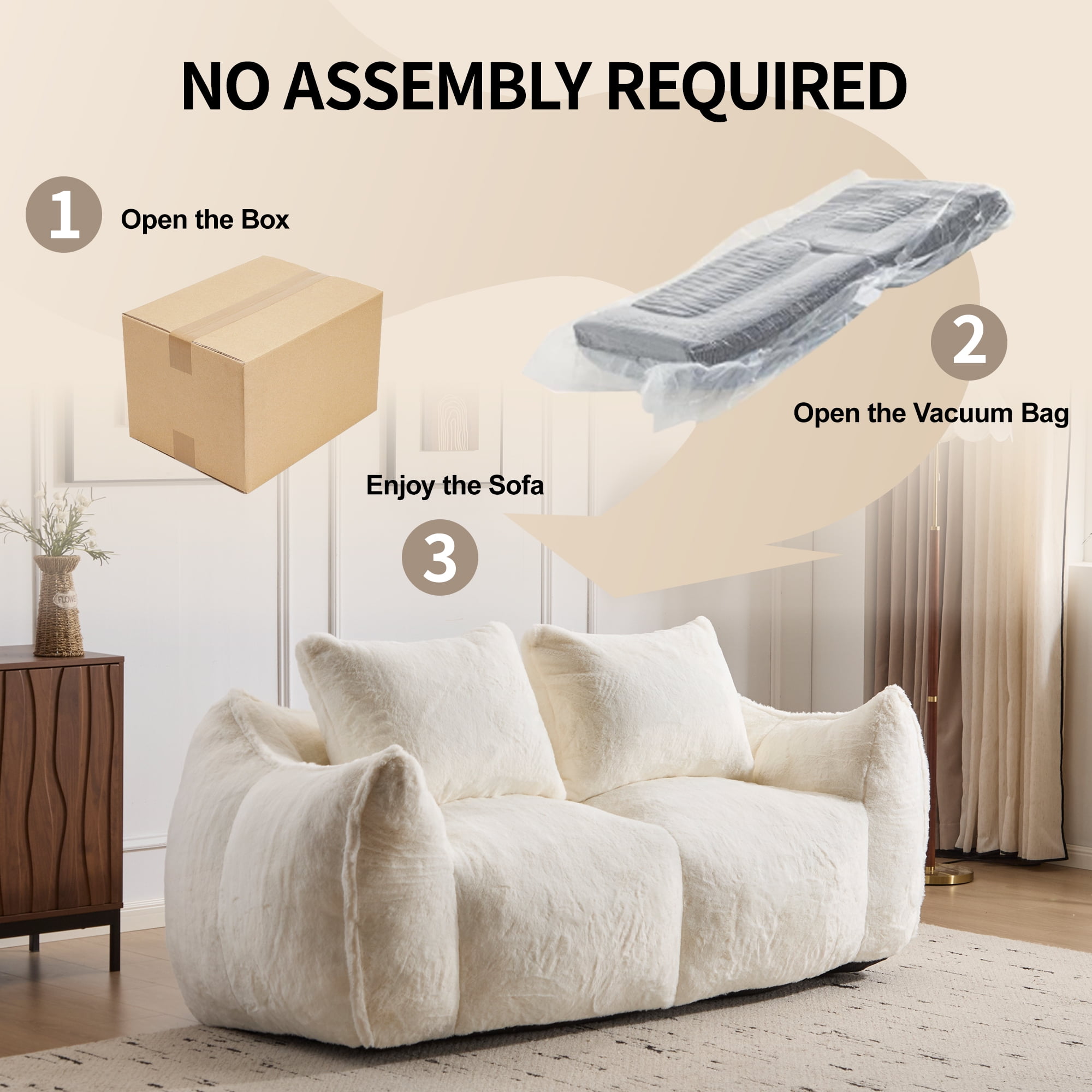 FFH Bean Bag Chair for Adults, 75" Oversized Loveseat Bean Bag Sofa with 2 Pillows, Lazy Sofa Reading Chaise Lounge Couch for Living Room, Bedroom, White