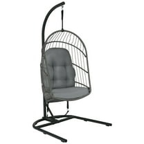 Gymax Hanging Hammock Egg Chair Patio Rattan Swing Chair w/ Stand & Grey Cushions