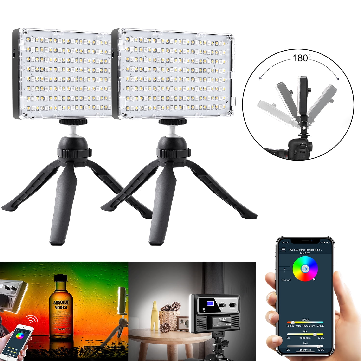 Filter GVM RGB LED Camera Light Full Color Output Video Lights with APP Control CRI97 Dimmable 3200K-5600K Light Panel for YouTube DSLR Camera Camcorder Photo Lighting LCD Display with Battery 