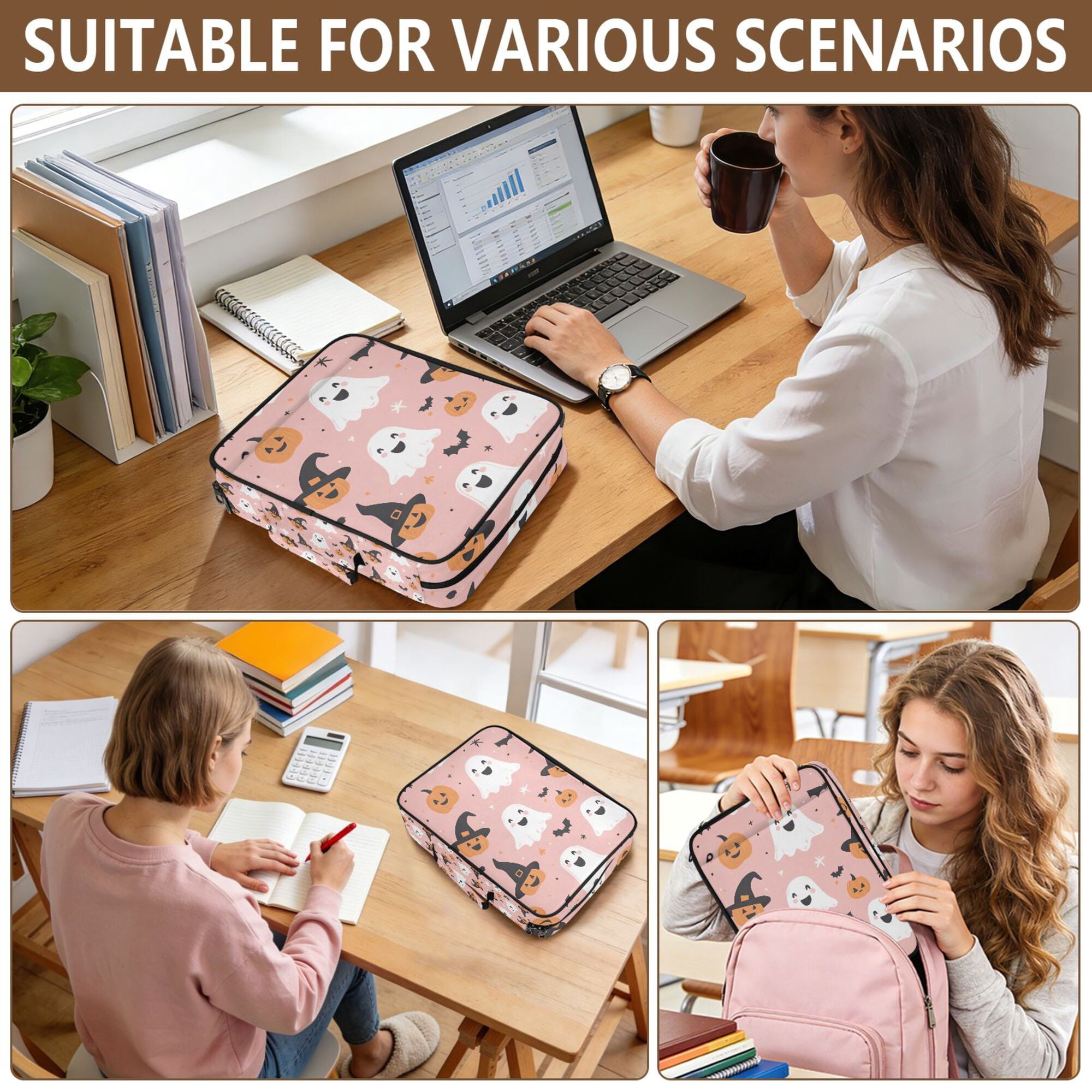 FORMRS Accordion File Folder A4 Size 7-Pocket Expanding Document Organizer Bag with 3 Ring Binder, Pastel Pink Halloween