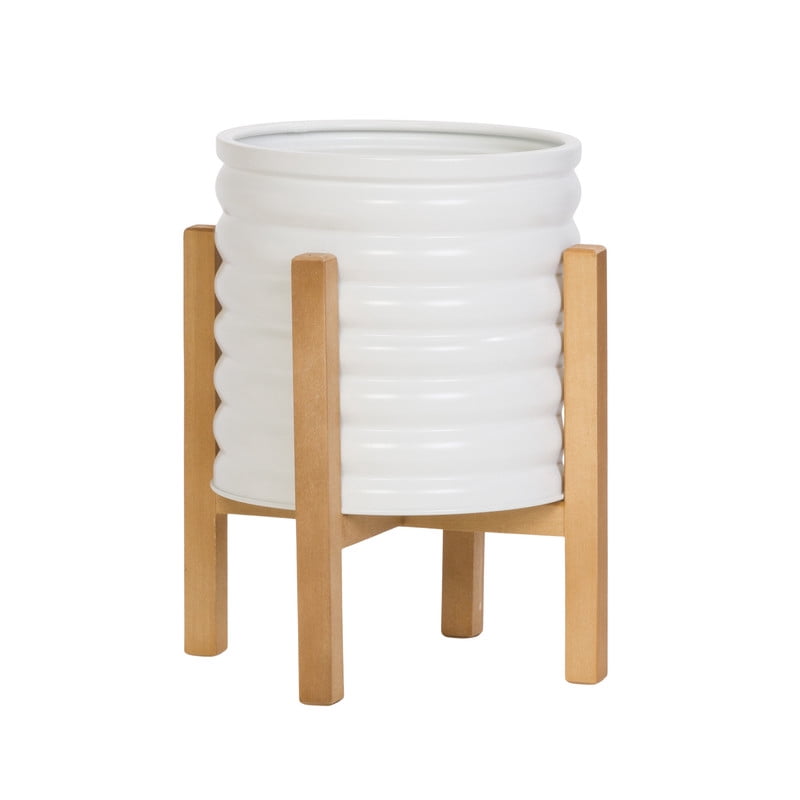 Ribbed Metal Planter Pot With 4-Leg Wood Base - White - 12"H x 10"W