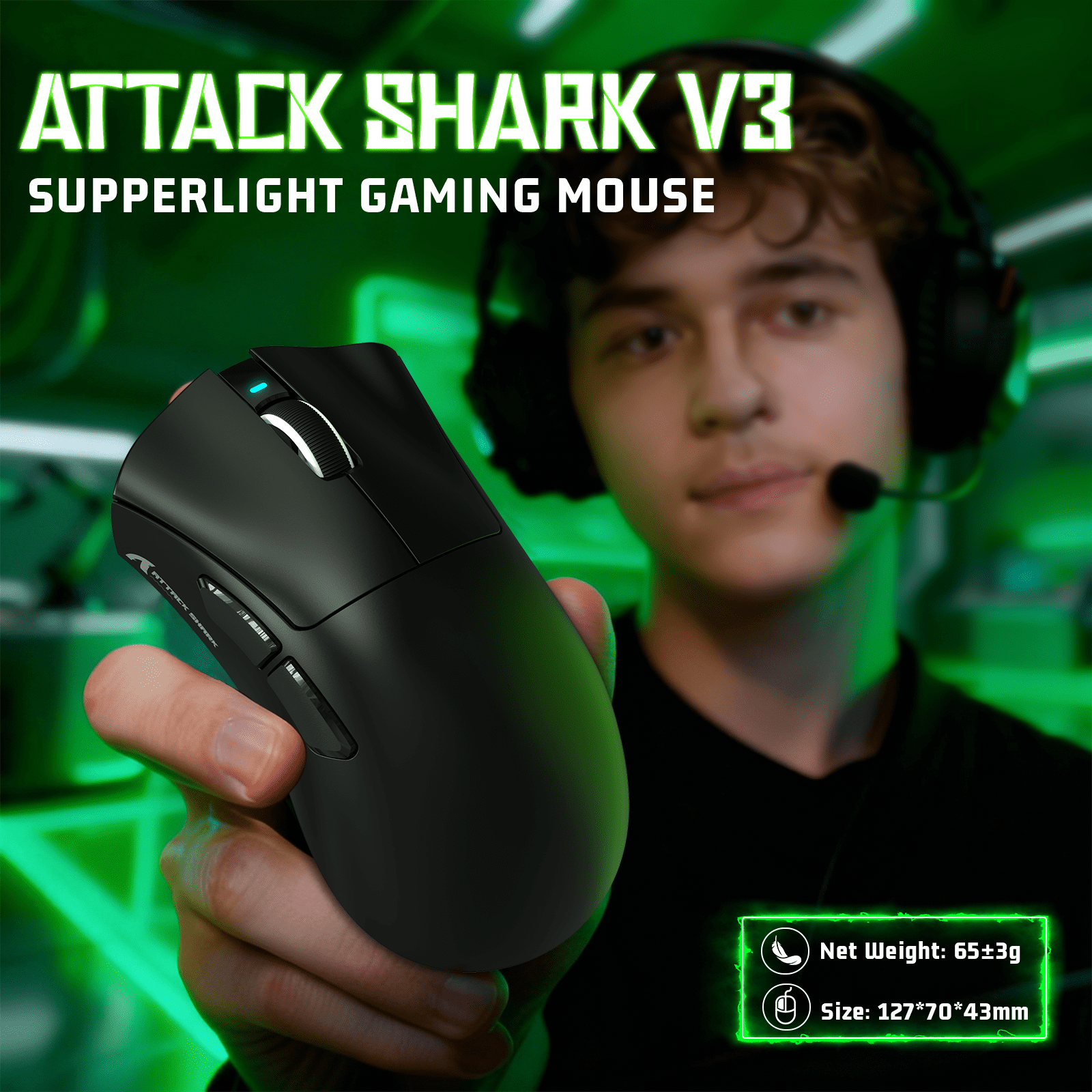 ATTACK SHARK V3 Wireless Gaming Mouse, Tri-Mode 2.4G/USB-C Wired/Bluetooth, PAW3311 Sensor, 25000 DPI, 62g Ultra-Lightweight Design, 500mAh Battery, Black