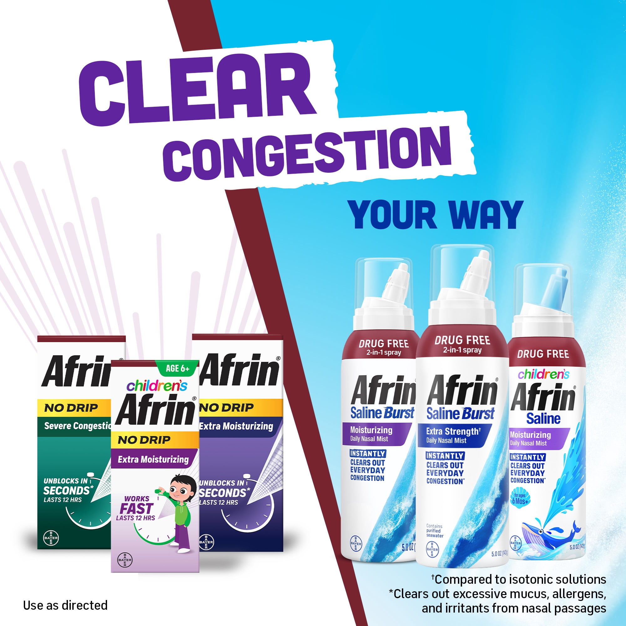 (2 pack) Afrin Saline Burst Moisturizing Daily Mist, Drug Free Isotonic Seawater Saline Nasal Spray with Dual Nozzle for Everyday Congestion and Dry Nose, Sinus Rinse for Nasal Irrigation, 5oz
