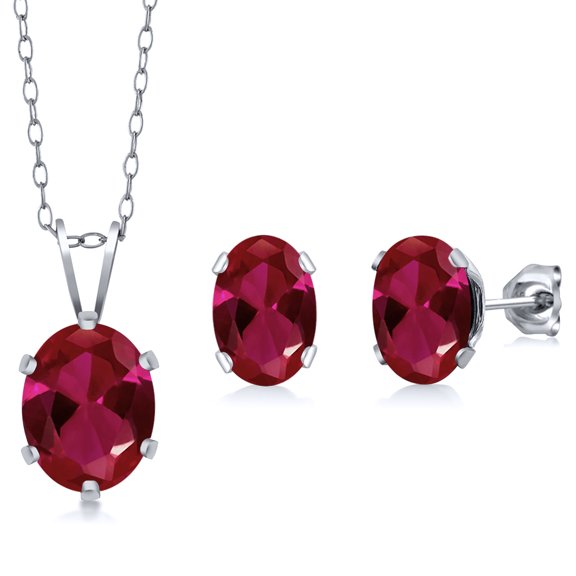 Gem Stone King 925 Sterling Silver 3.50 Ct Oval Red Created Ruby Solitaire Pendant and Earrings Jewelry Set