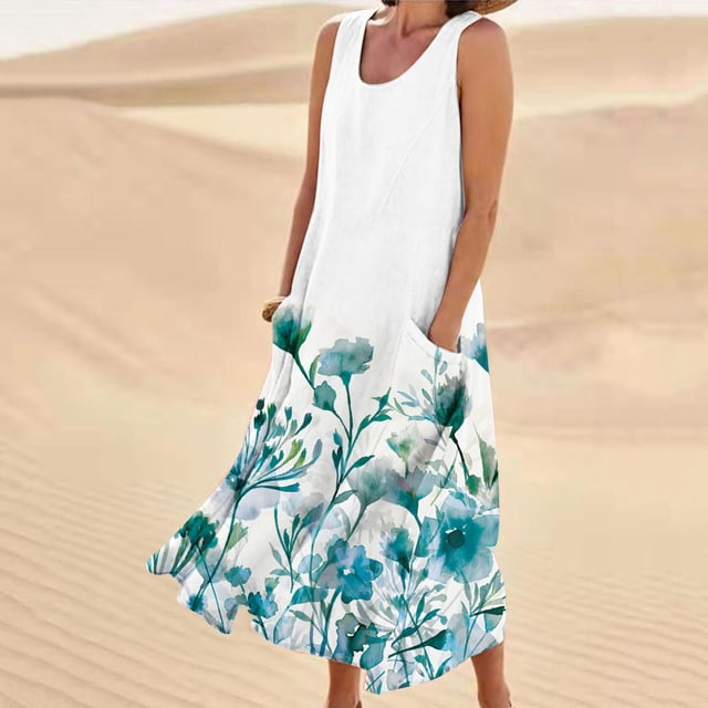 SMihono Robe Maxi Bohème d'Été pour Femmes Grande Taille Mode d'Été pour Femmes Décontractée Imprimée Sans Manches à Col Rond avec Poches Robe de Plage Décontractée Maxi Robe d'Été Robe d'Été Évasée de Plage
