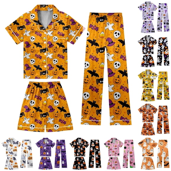 JAJAHO Halloween Kids Pajamas Set Boys Girls Satin 3 Piece Short Sleeve Sleepwear With Pants And Shorts 3-13Y