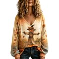 thumbnail image 3 of OIOLOYJM Halloween Long Sleeve Tops for Women Fall Casual V-Neck Pumpkin Graphic Happy Holiday Shirts Loose Fit Comfortable Lounge T Shirts Light Brown 2XL, 3 of 5