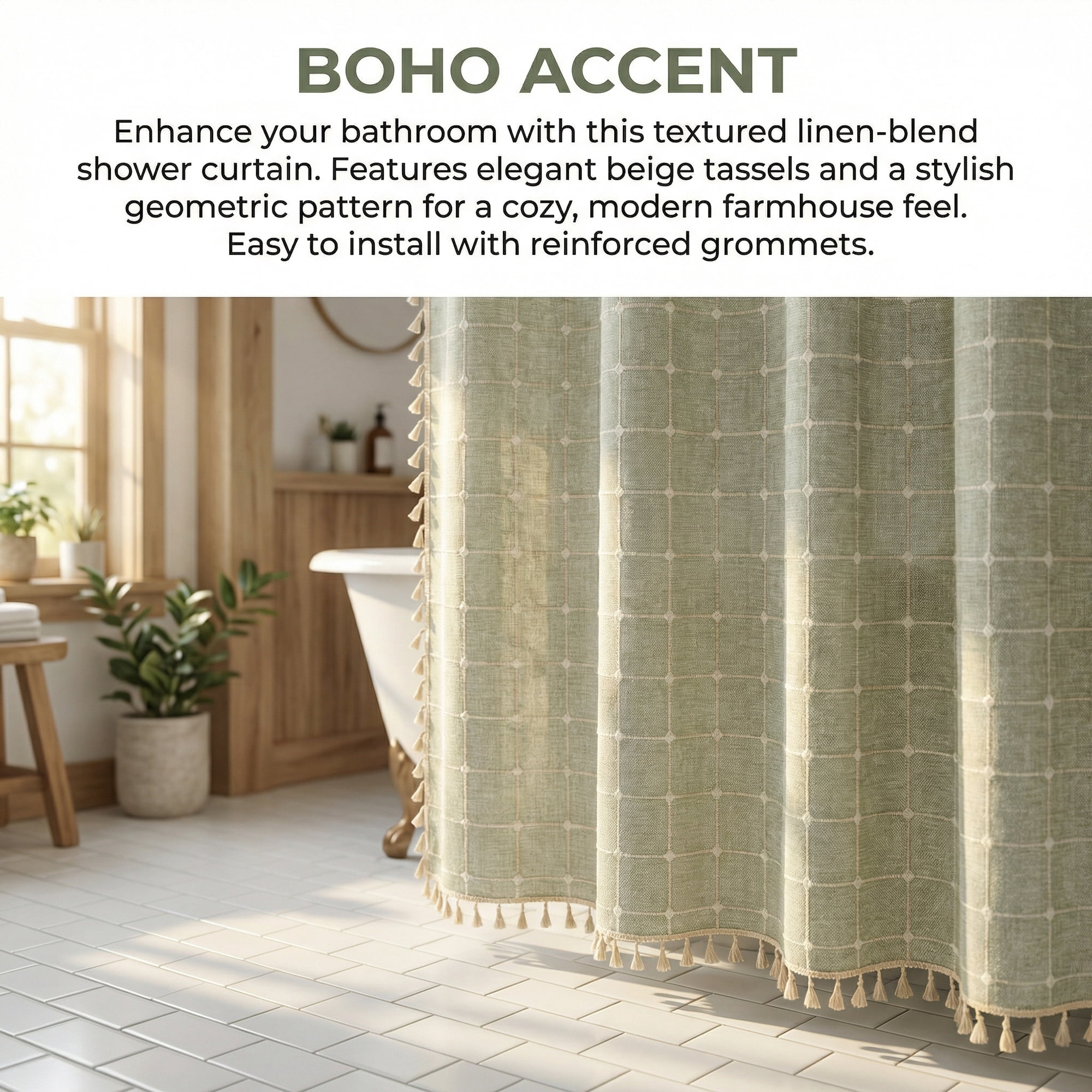 Unique Bargains Boho Plaid Blend Shower Curtain Sets with Hooks Green 72"W x 72"L
