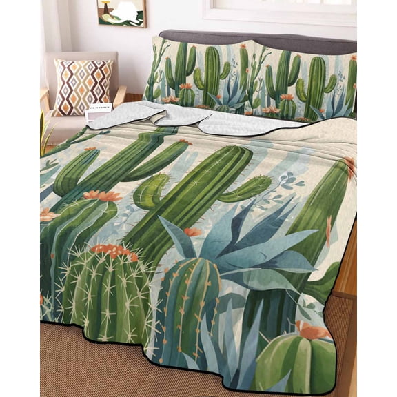 Green Cactus Full Size Down Alternative Comforter, Lightweight Comforter Quilt Bedding Set with Pillow Shams Watercolor Summer Botanical Beige All Seasons Bed Comforter Duvet Insert 78"x90"