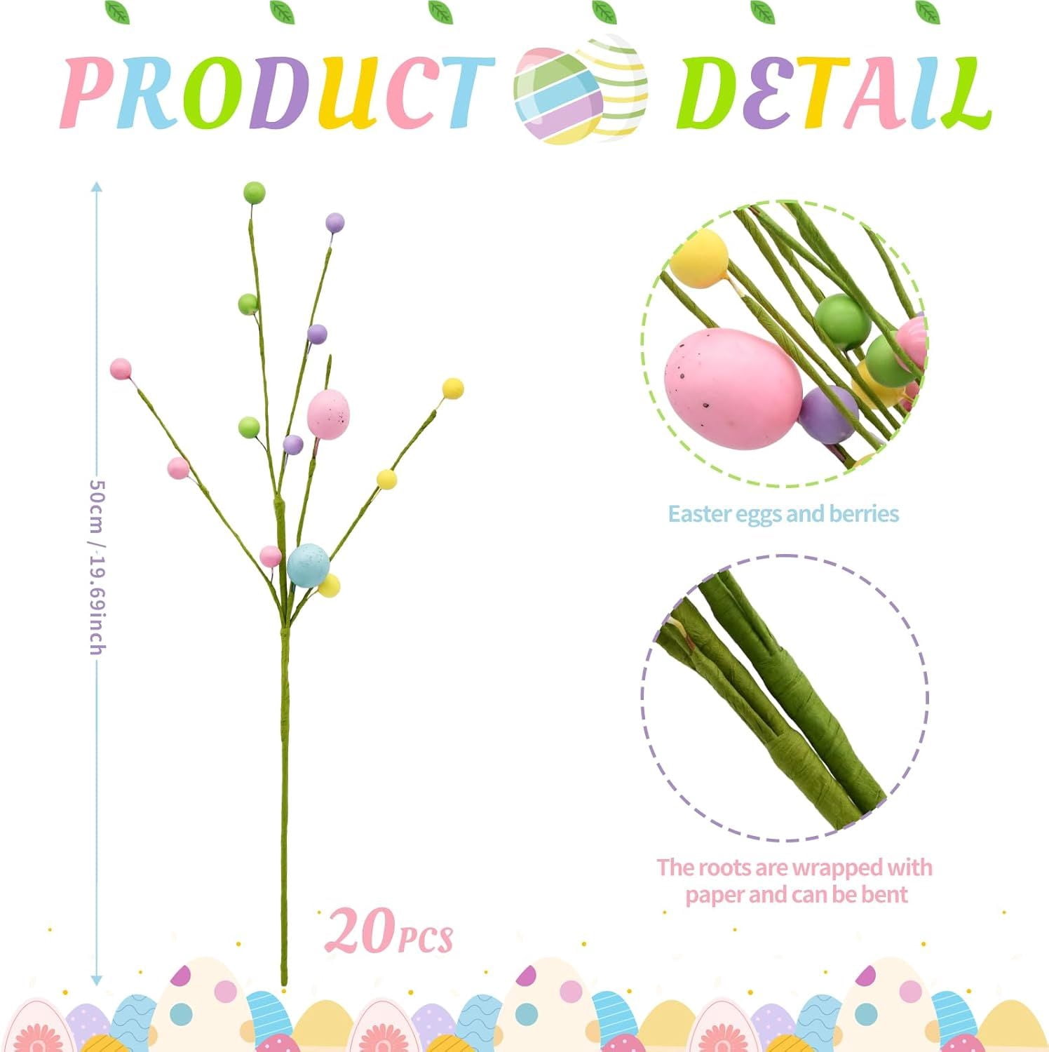 Easter Table Decor, 20 Pack Easter Egg Berry Stems Decorations for Tree, Artificial Flowers Picks for Wreath, Tree Ornaments Decorations for Home, Easter Gifts