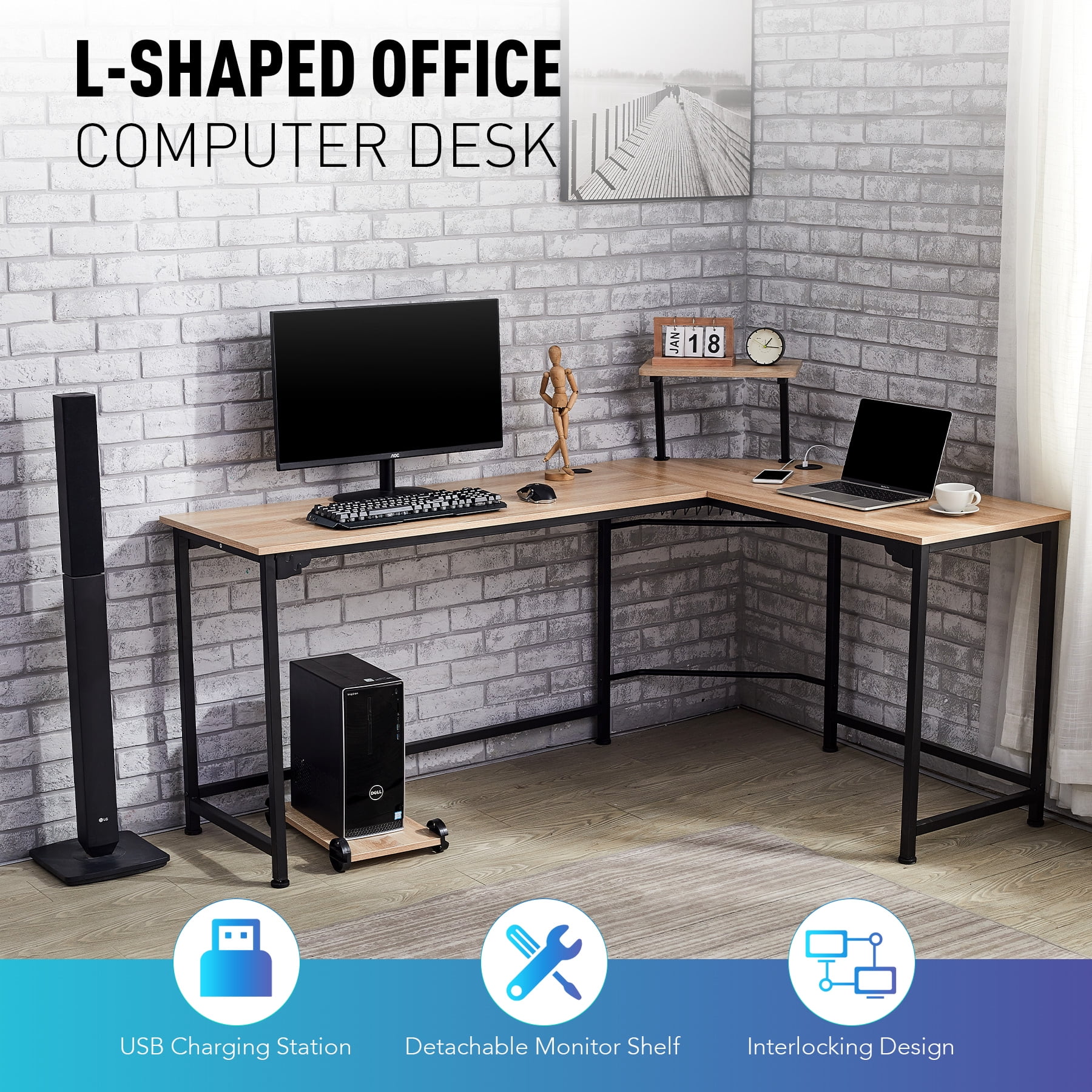 L Shaped Computer Desk with Tower Shelf USB Ports & Cable Management