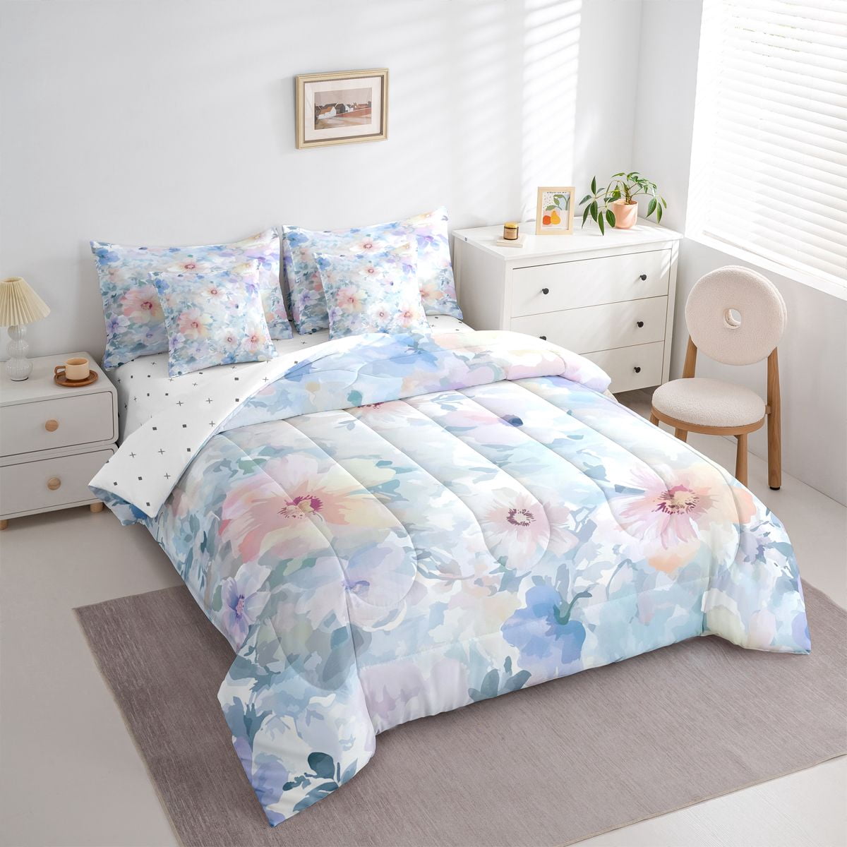 Homewish Graffiti Rustic Floral 7 Pieces Bedding Comforter Set,Spring Natural Theme Full Bedding Set,Blue Flower Fitted Sheet Flat Sheet For Girls Boys,Luxury Bedroom Decor Reversible