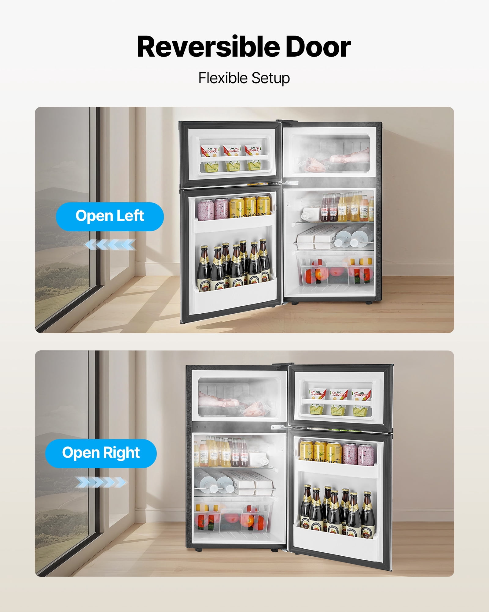 VEVOR Mini Fridge with Freezer, 3.2 Cu.Ft, Two Door Compact Refrigerator, Adjustable Temperature, Shelf, Energy Efficient Small Fridge, Reversible Door, Low Noise, for Bedroom, Dorm, Office, Black