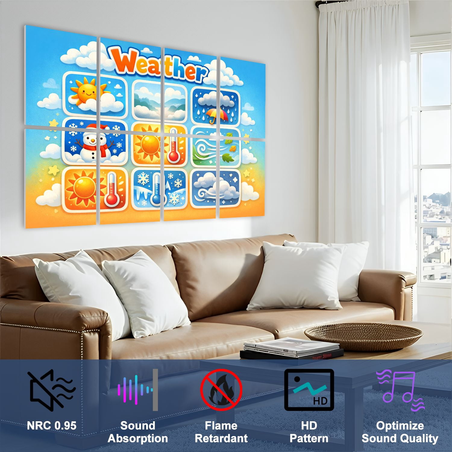 Classroom 8 Pack Art Acoustic Panels Sound Absorbing Weather Icons Sunny Snowy Cloudy Windy Illustrations Decorative Soundproof Wall Panels Self Adhesive for Nursery Kids Game Room 48"x32"