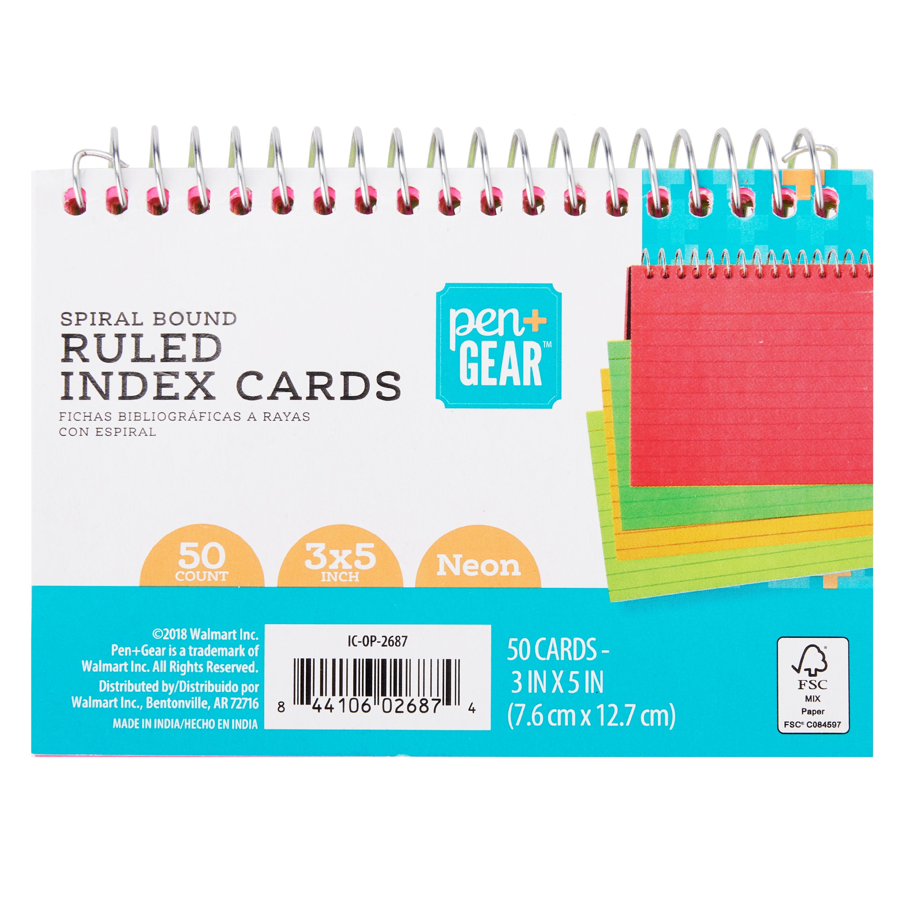 Pen+Gear Pen + Gear Spiral Ruled Index Cards, Neon, 50 Count, 3" x 5"