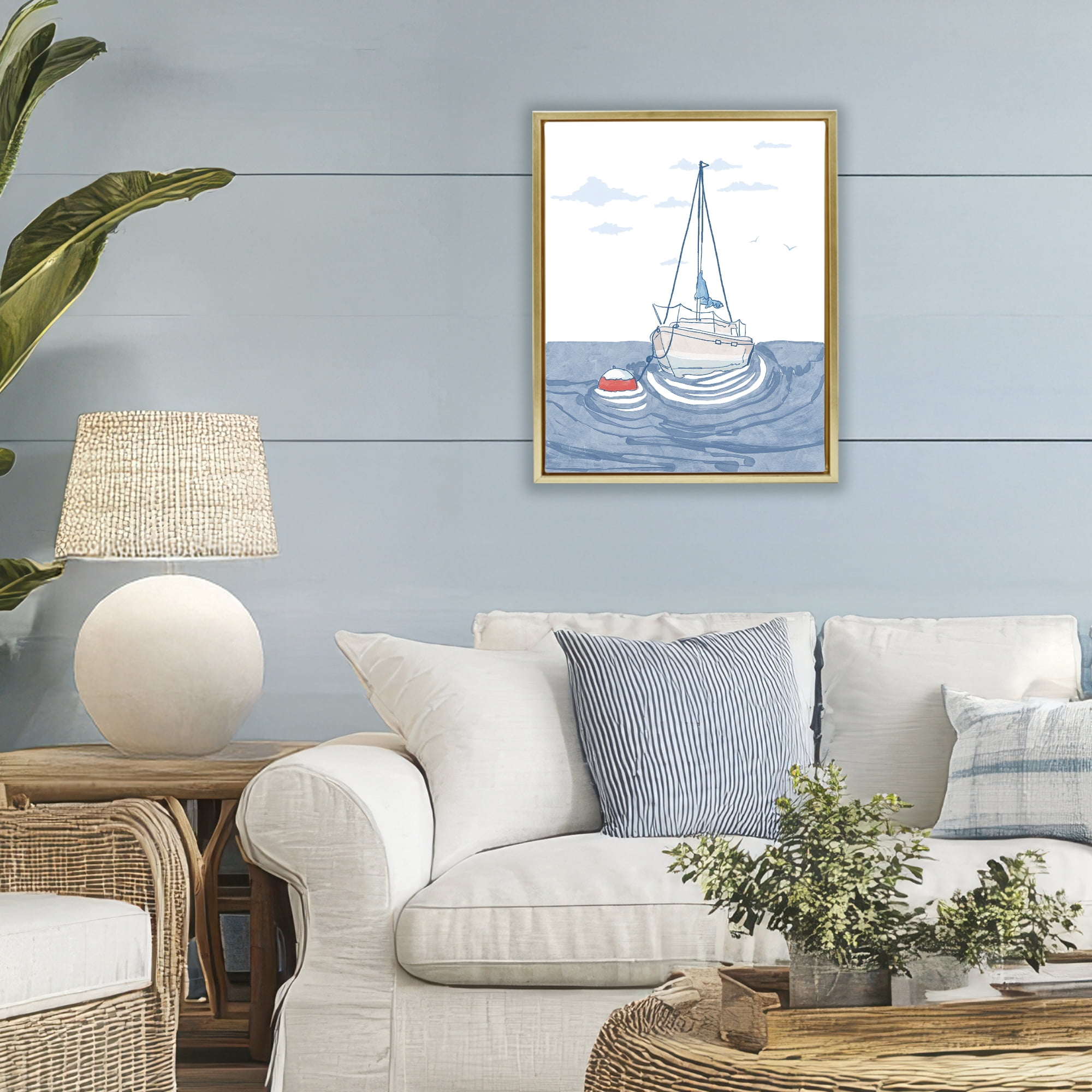 Stupell Industries Cool Tone Sailboat Floating Gold Framed Floater Canvas Wall Art, design by Melissa Tilley