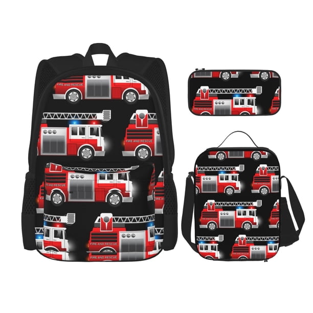 Balery Fire and Rescue Truck Mochila Escolar 3 en 1 para Niños - Mochila Resistente con Lonchera Térmica y Estuche - Mochila Escolar para Niños y Niñas